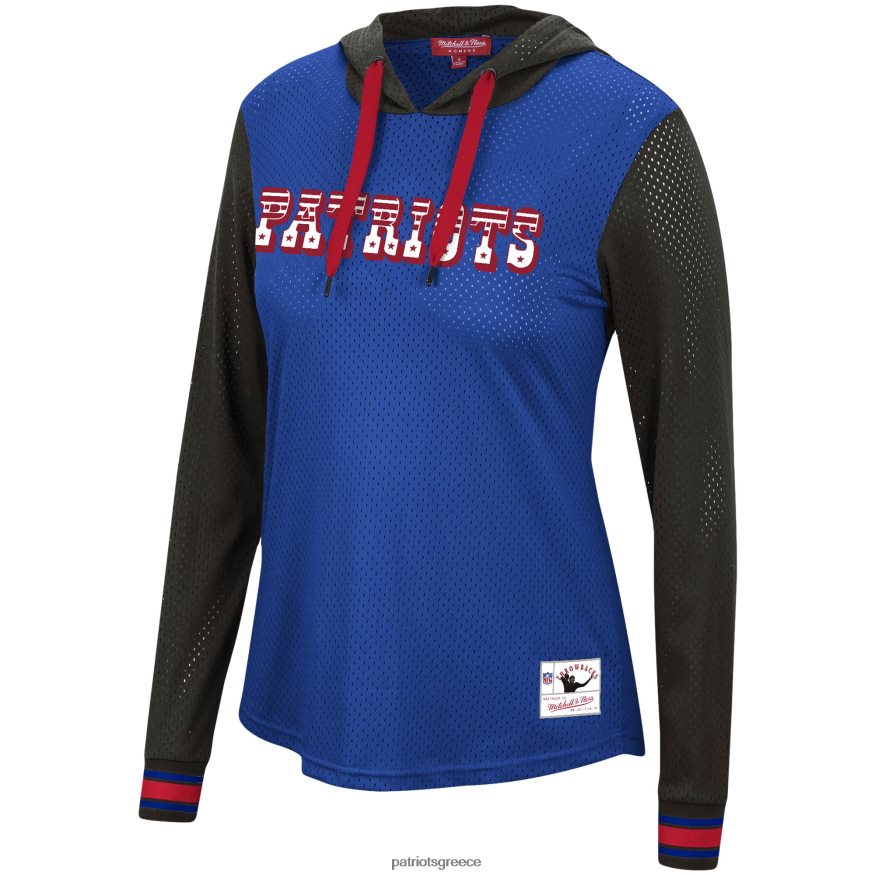 Patriots Jersey Mitchell & ness royal/μαύρο μπλουζάκι από διχτυωτό λογότυπο με μακρυμάνικη κουκούλα γυναίκες είδη ένδυσης VPDHTZ2719