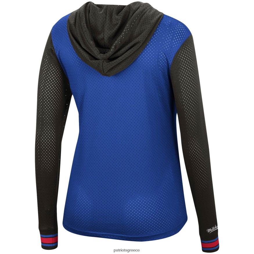 Patriots Jersey Mitchell & ness royal/μαύρο μπλουζάκι από διχτυωτό λογότυπο με μακρυμάνικη κουκούλα γυναίκες είδη ένδυσης VPDHTZ2719