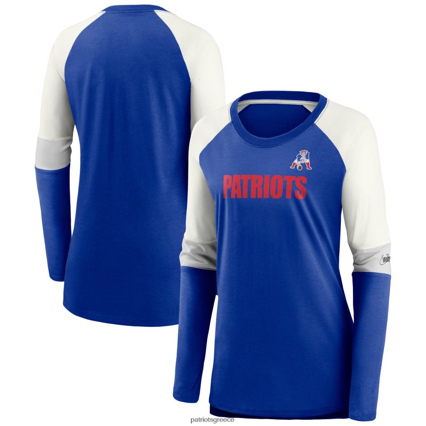 Patriots Jersey nike royal/κρεμ μασκότ ιστορικής απόδοσης μπλουζάκι με μακρυμάνικη λαιμόκοψη ρεγκλάν με σέσουλα γυναίκες είδη ένδυσης VPDHTZ2742