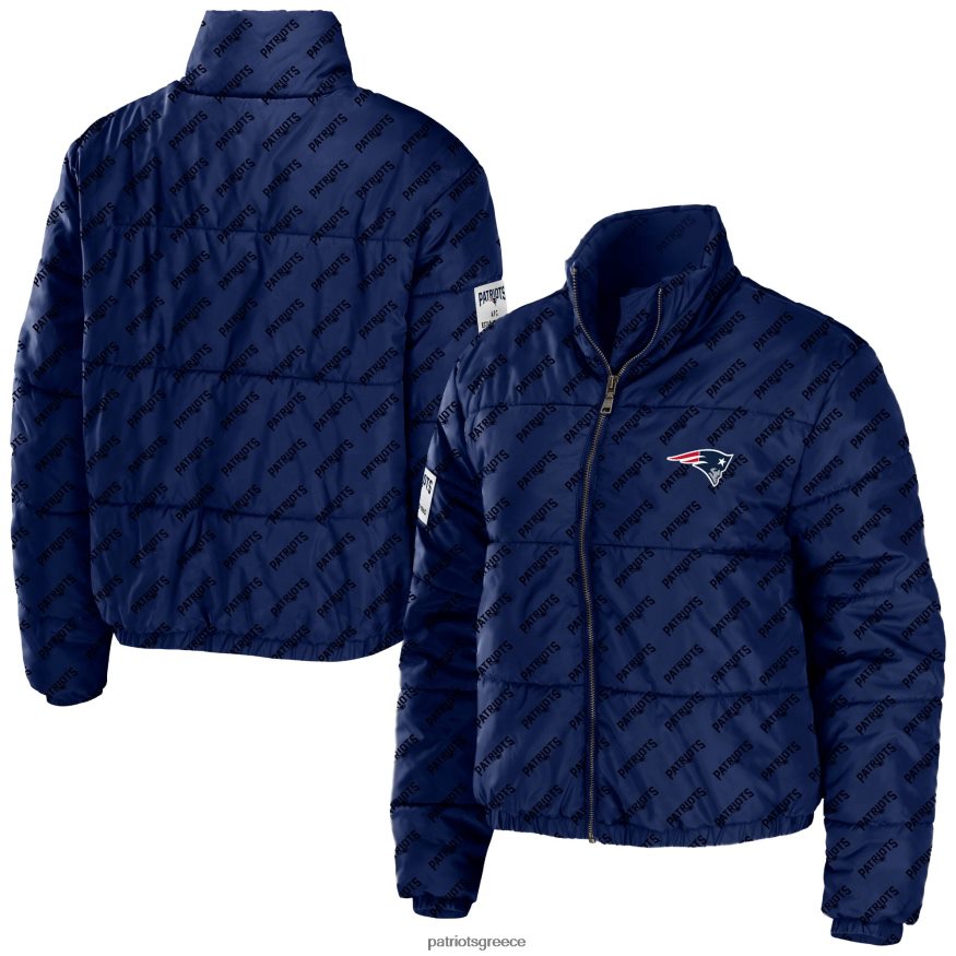 Patriots Jersey φοριέται από την erin andrews navy puffer cropped μπουφάν με φερμουάρ γυναίκες είδη ένδυσης VPDHTZ913
