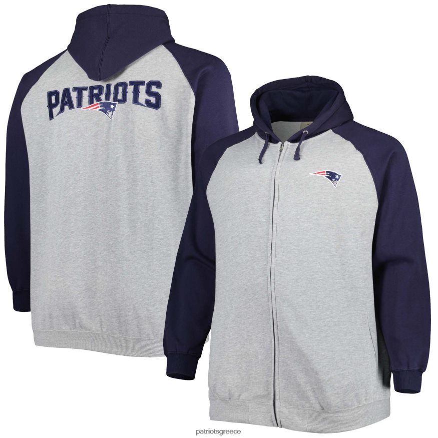 Patriots Jersey Heather γκρι μεγάλο & ψηλό φλις ρεγκλάν μπουφάν με φούτερ με φερμουάρ άνδρες είδη ένδυσης VPDHTZ583
